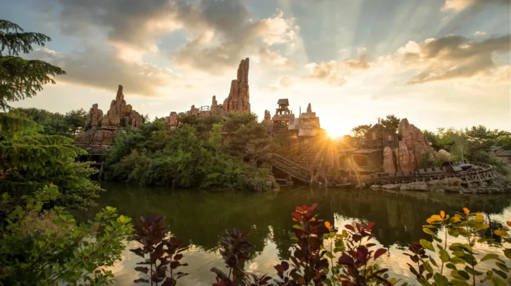 Sunset view of Big Thunder Mountain and its roller coaster at Disneyland Paris