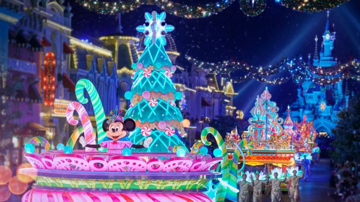 A glowing Christmas parade float with Minnie Mouse at Disneyland