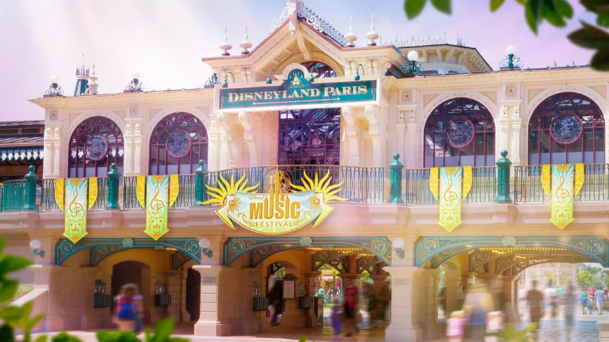 The entrance of Disneyland Paris decorated for the Music Festival