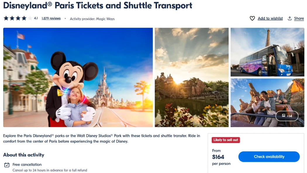 Disneyland Paris ticket and shuttle package promotion with Mickey Mouse, attractions, and bus service