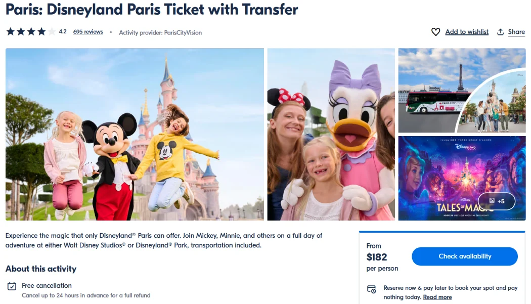 Disneyland Paris ticket with transfer package showing Mickey, Daisy, shuttle bus, and park attractions