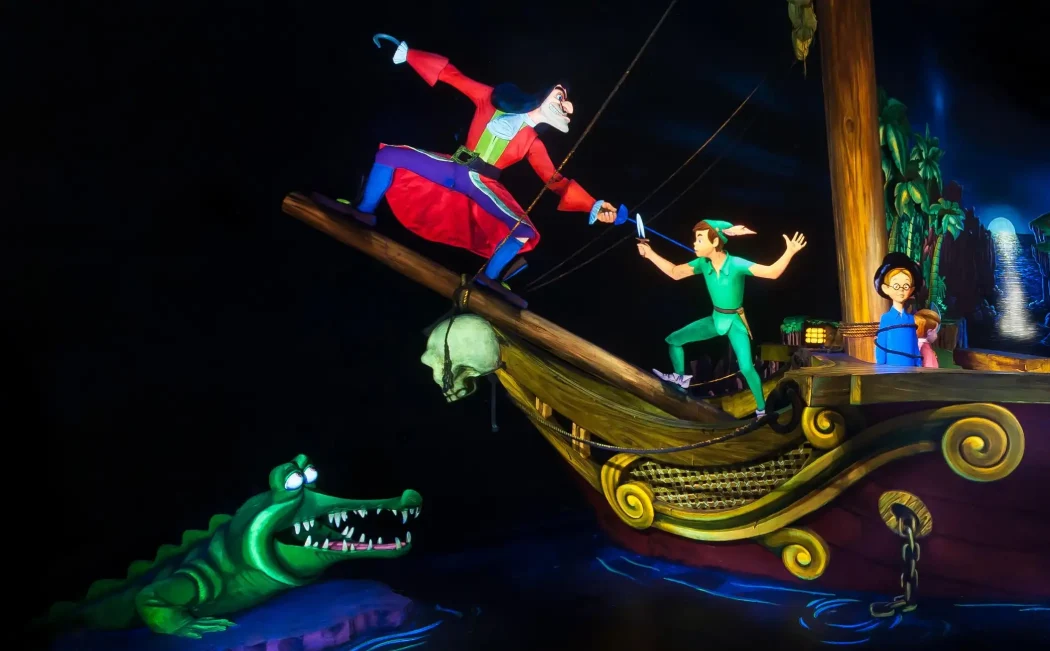 Peter Pan battles Captain Hook on a pirate ship scene at Disneyland Paris