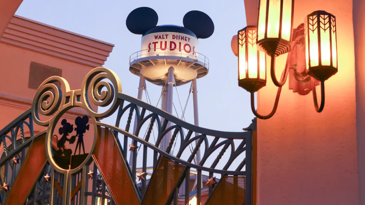 The entrance gate of Walt Disney Studios with a Mickey Mouse water tower